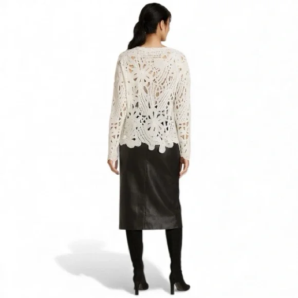 WD·NY Ivory Openwork Crochet Sweater Scalloped Hem Boho Romantic M Holiday Gift - Picture 5 of 11